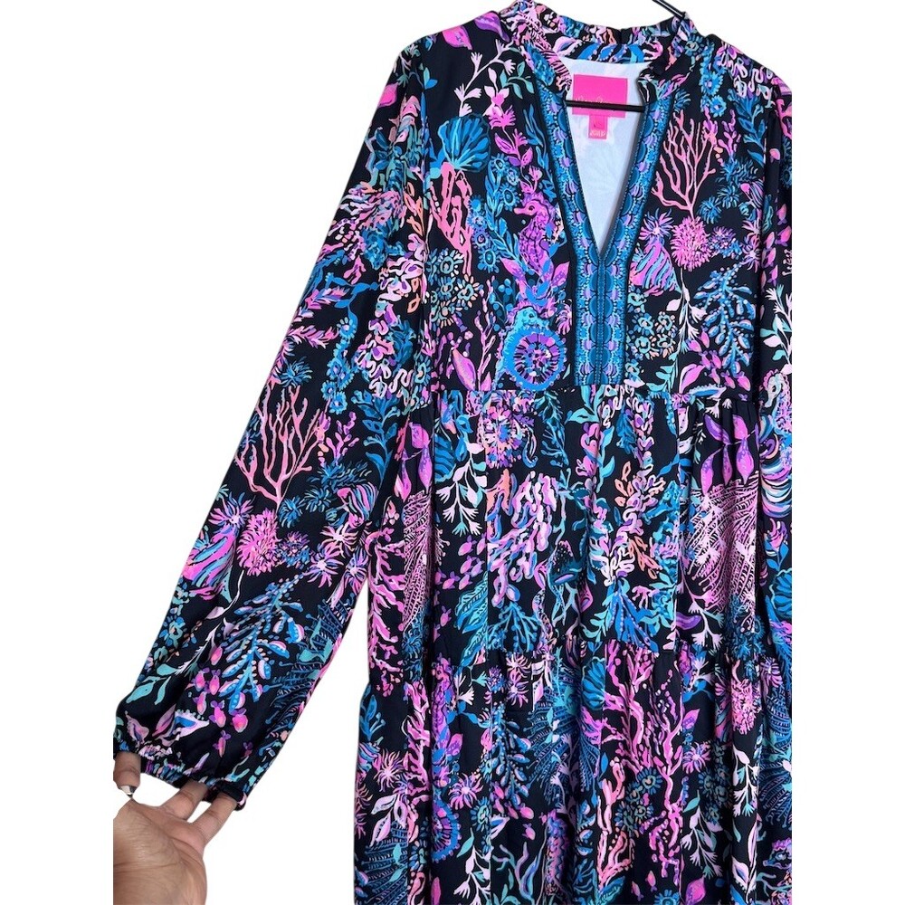 Lilly Pulitzer Arella Swing Dress Womens M Black Coral Reef Print V-Neck - Picture 5 of 12